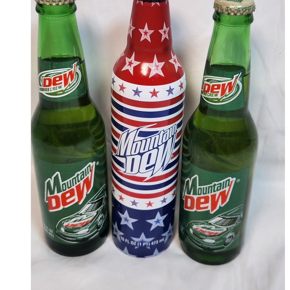 Vintage Mountain Dew Bottles Set 3pc Dew Crew Race Car & Patriotic Aluminum
